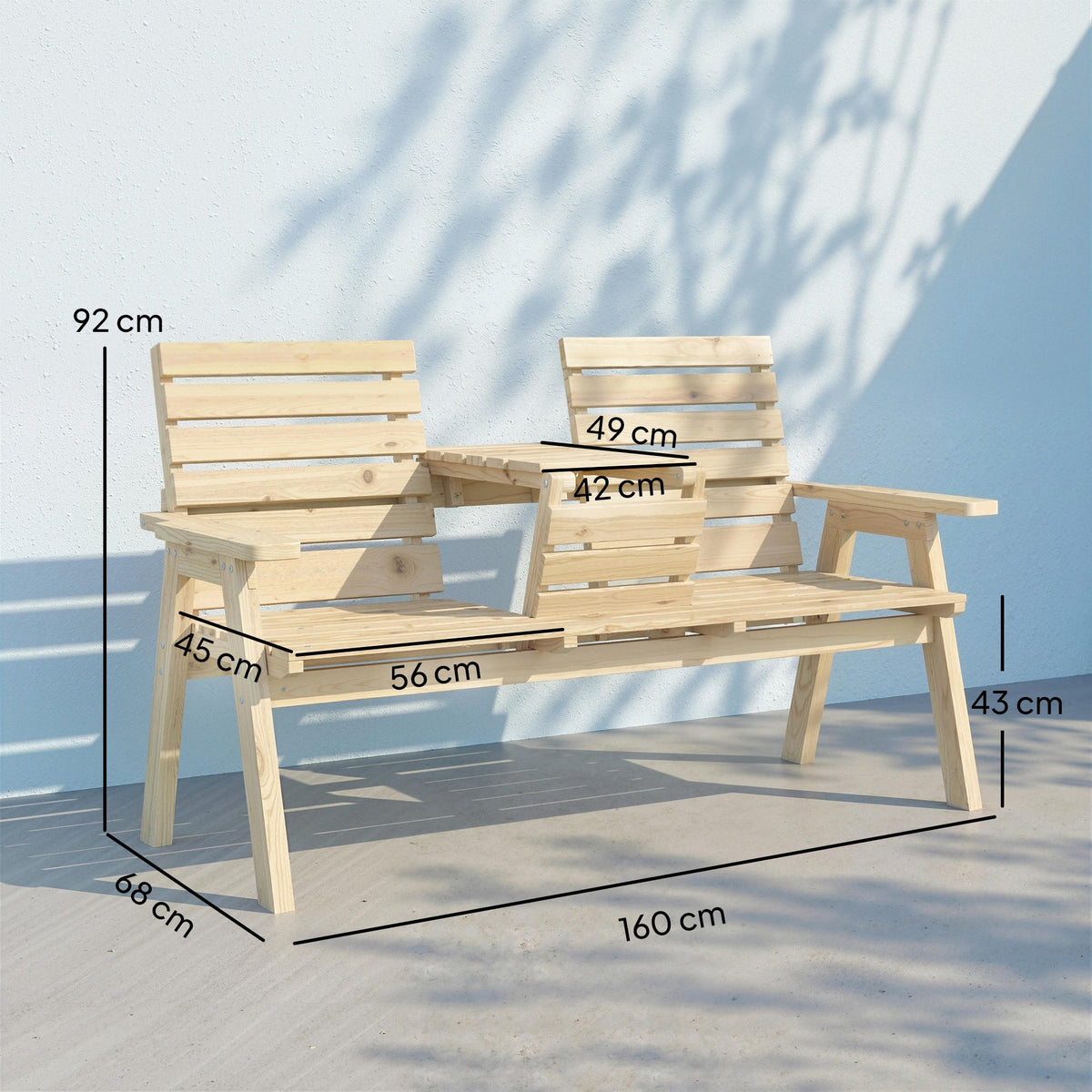 2 Seater Wooden Garden Bench with Convertible Middle Table, Natural — product view 5