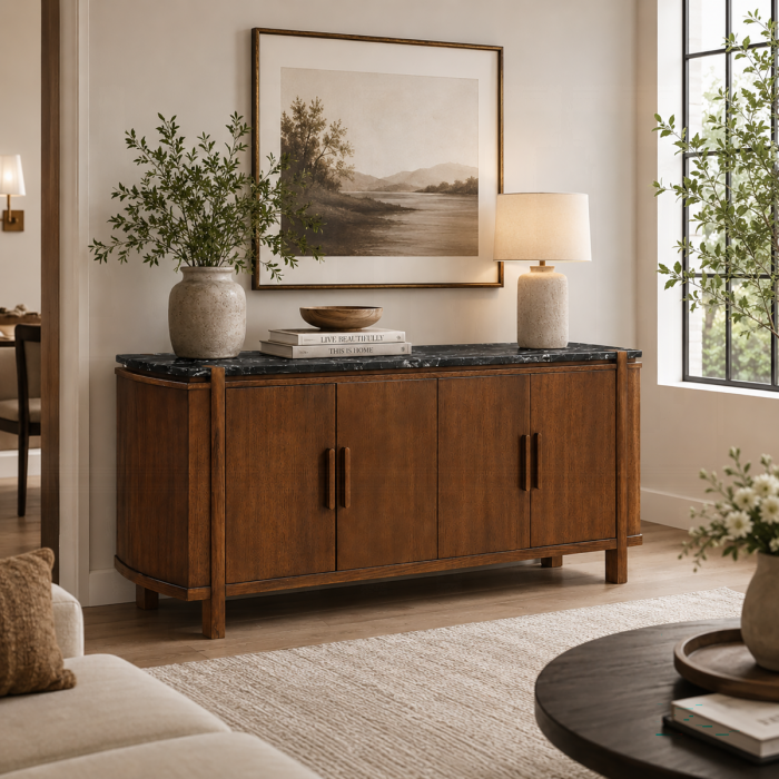 Estella Walnut Finish Wood Black Marble Top Sideboard Server Buffet Cabinet – DN06878 — product view 1