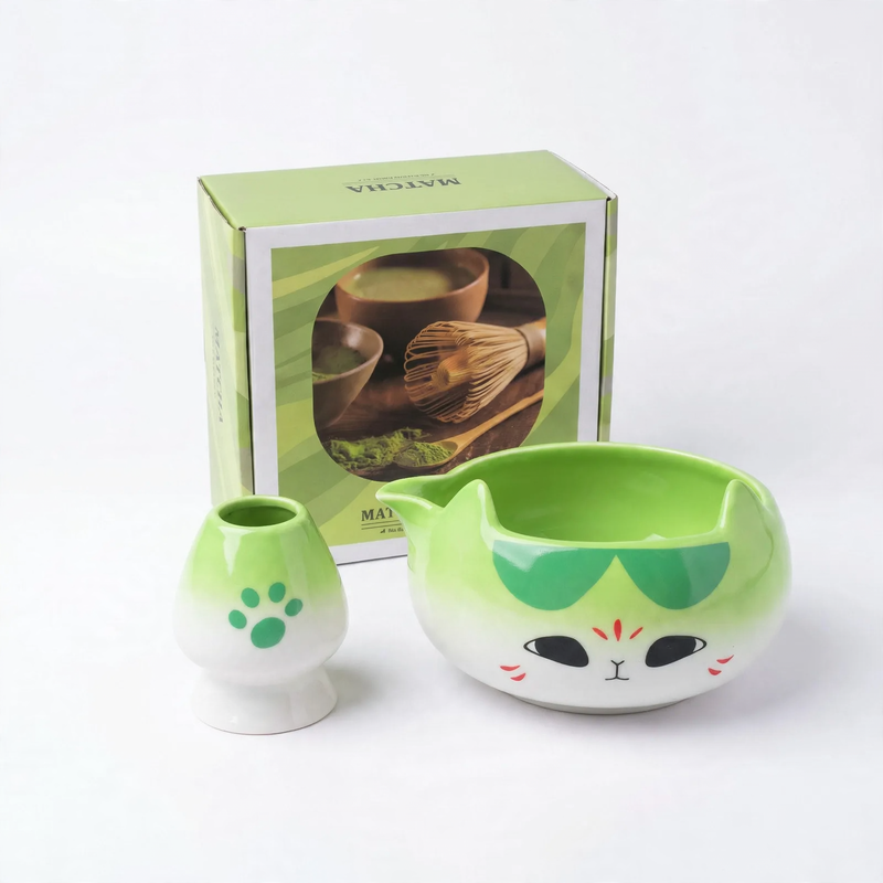 Matcha Bowl Set, Ceramic, Cat Design, Japanese — product view 1