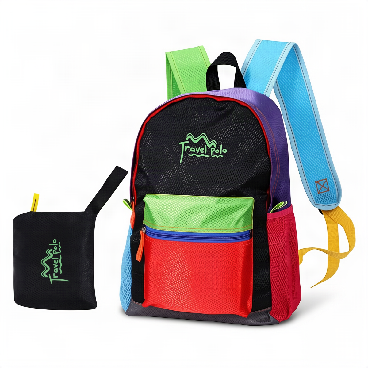 Foldable travel backpack, Polyester, 20-40 cm, Color blocks — product view 2