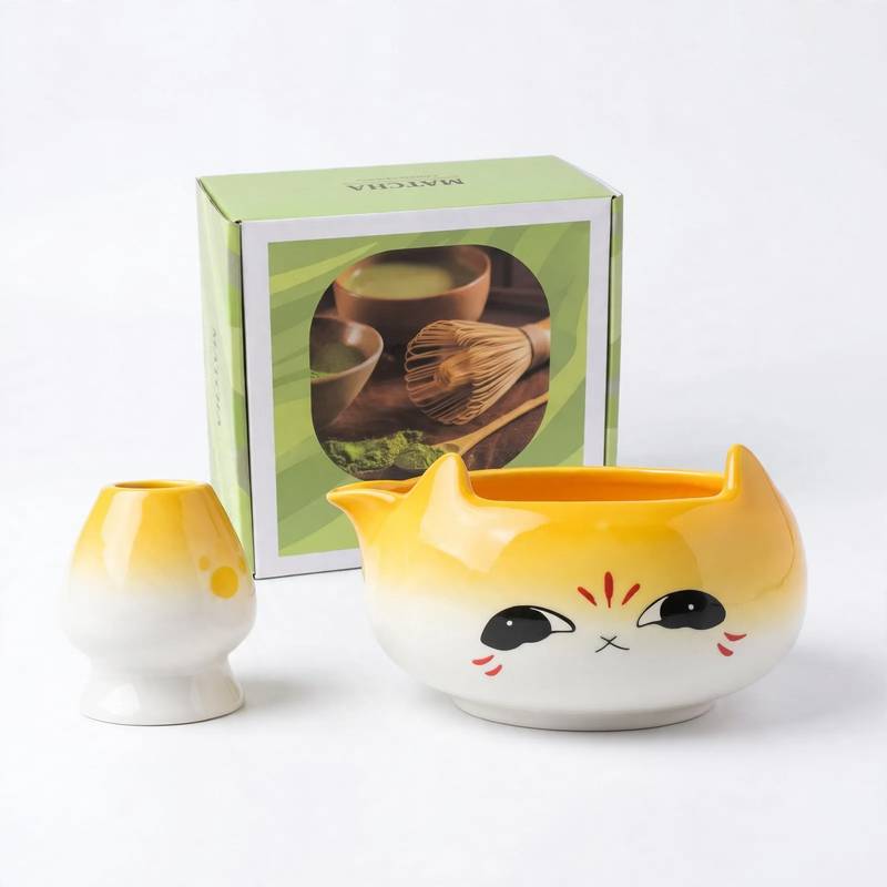 Matcha Bowl Set, Ceramic, Cat Design, Japanese — product view 2
