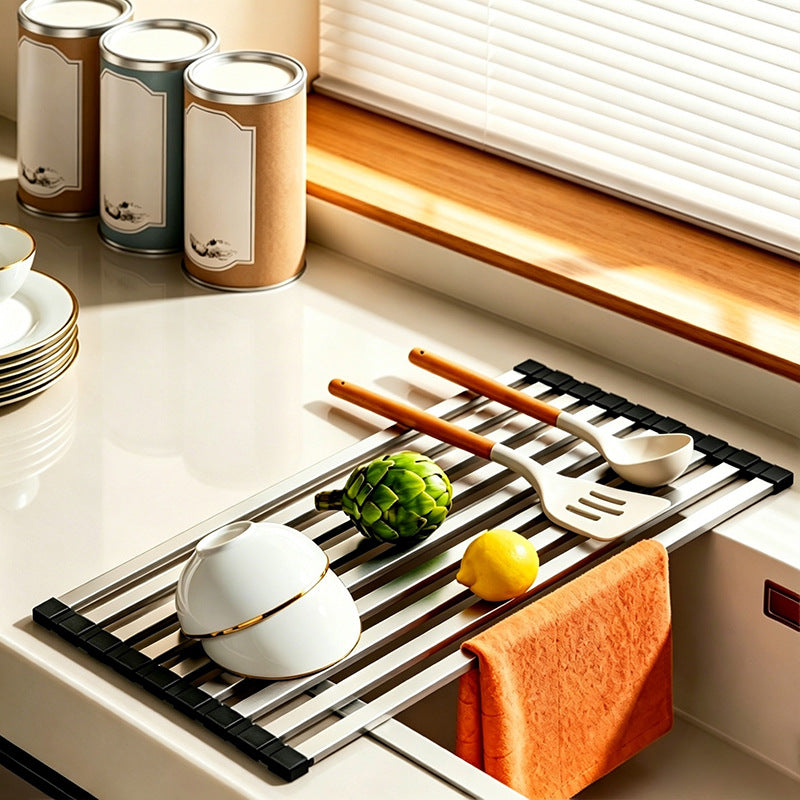 Stainless steel sink rack with rolling grid — product view 1
