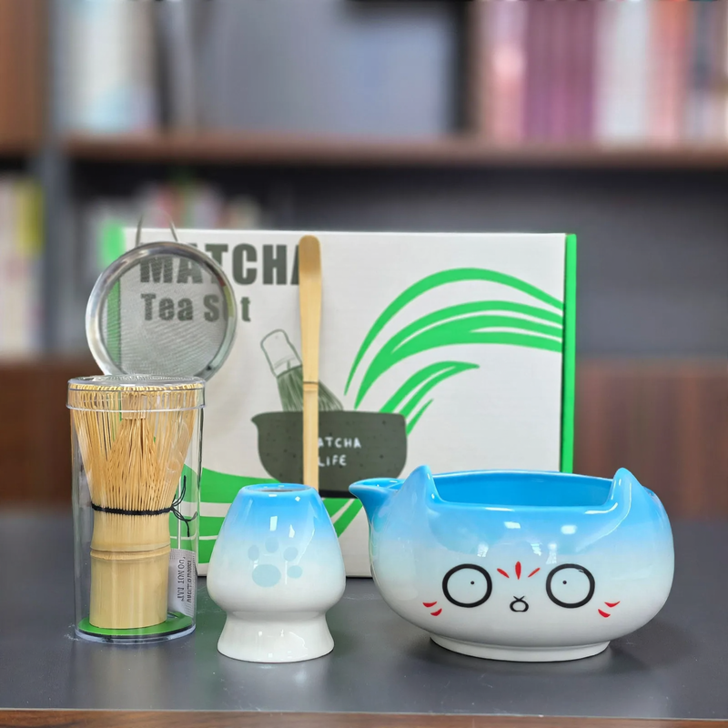 Matcha Bowl Set, Ceramic, Cat Design, Japanese — product view 3