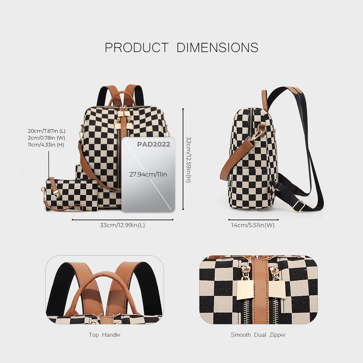 Women's Backpack, Canvas, Checkerboard Pattern — product view 3