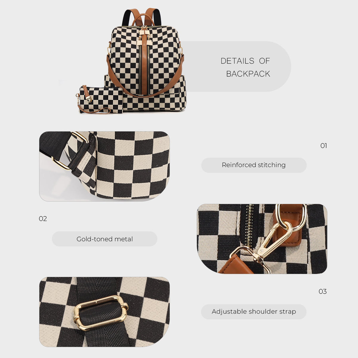 Women's Backpack, Canvas, Checkerboard Pattern — product view 4