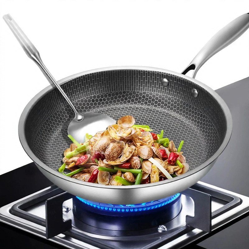 Frying pan, 410 stainless steel, honeycomb pattern — product view 1