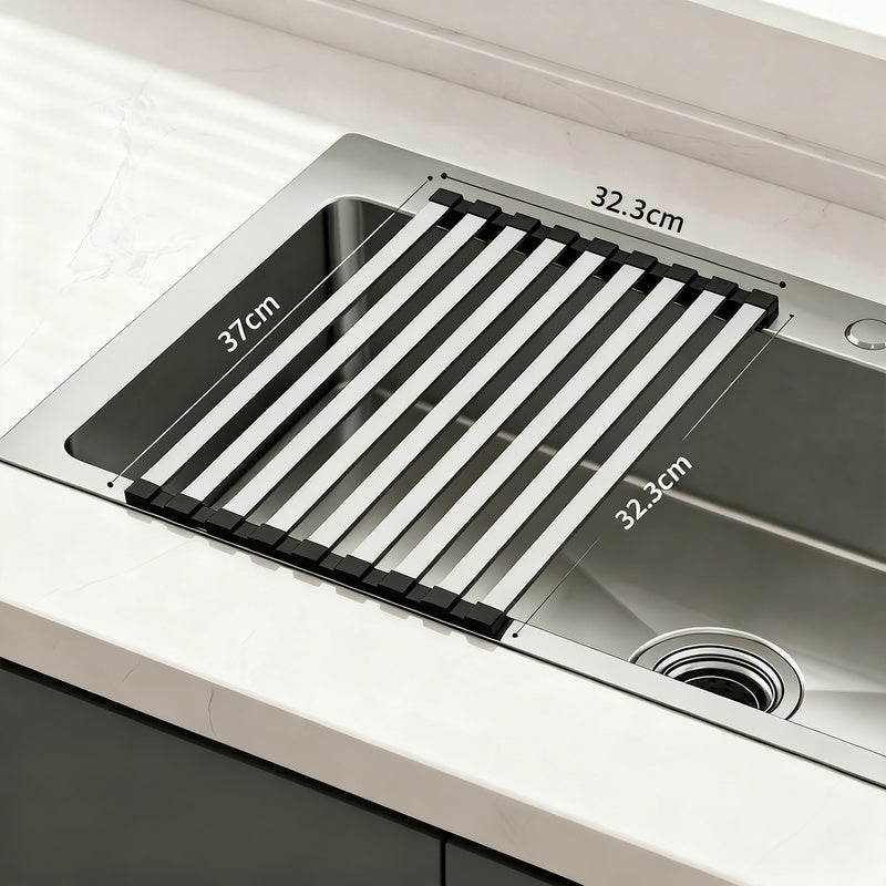 Stainless steel sink rack with rolling grid — product view 7