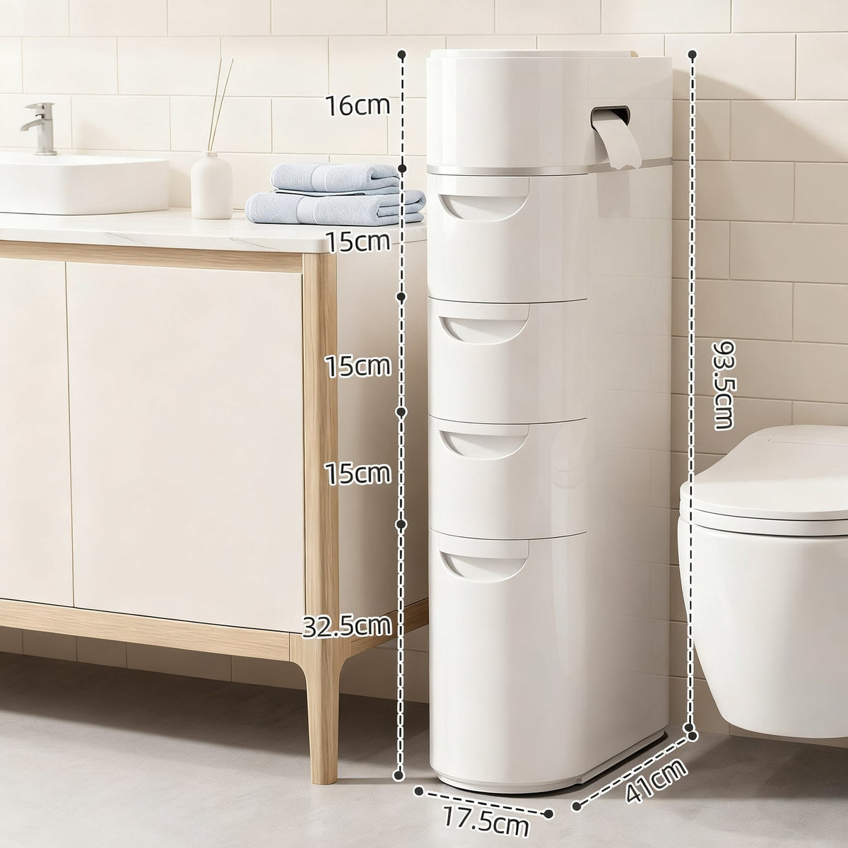 Narrow bathroom drawer cabinet, PP plastic — product view 5