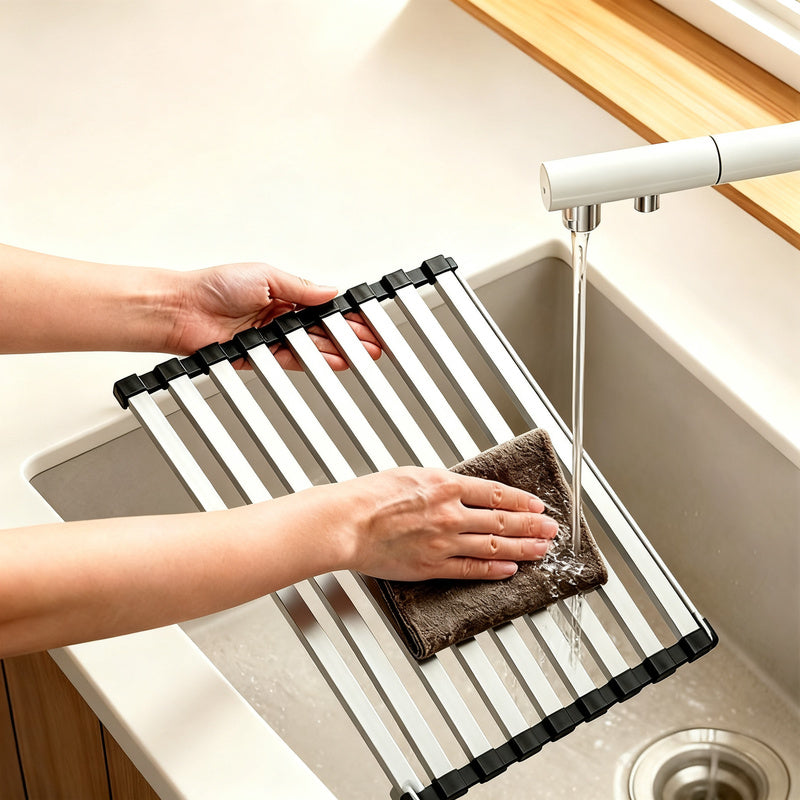 Stainless steel sink rack with rolling grid — product view 3