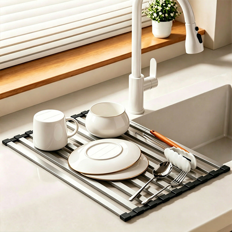 Stainless steel sink rack with rolling grid — product view 2