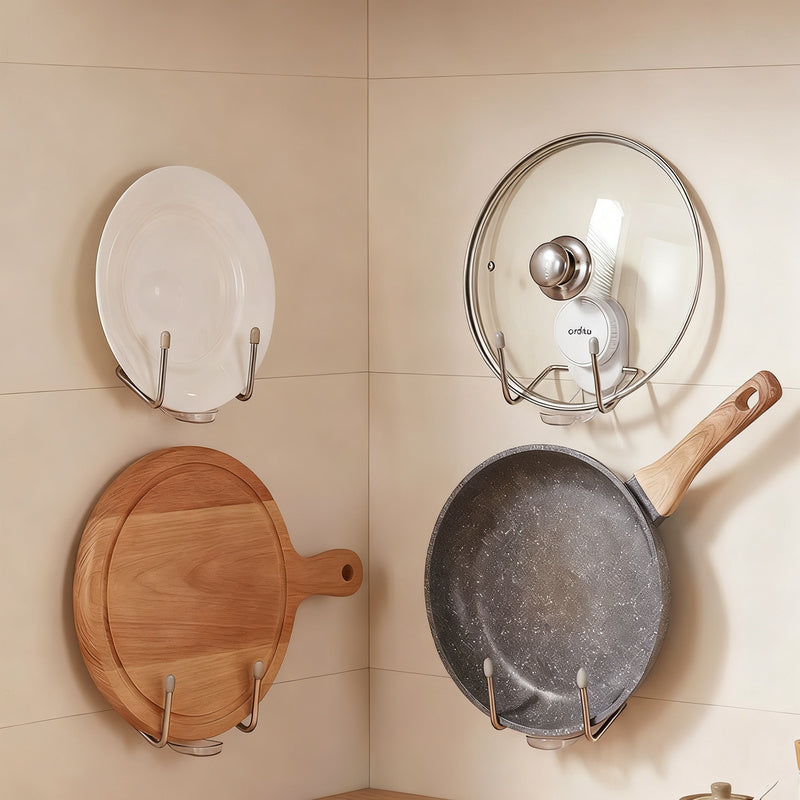 Wall-mounted pot lid and cutting board holder with suction cup — product view 1