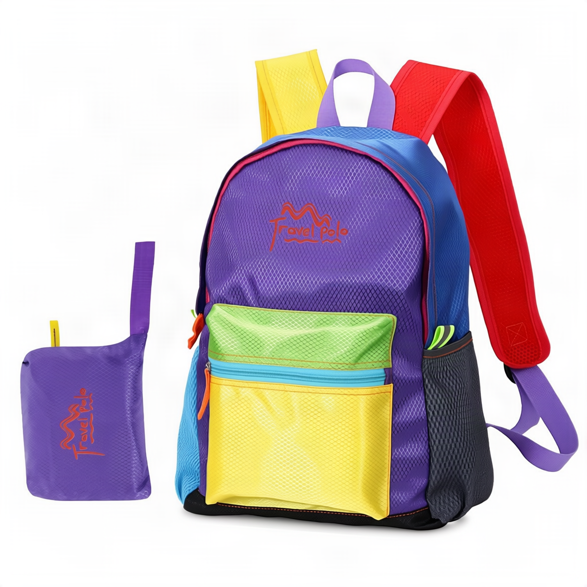 Foldable travel backpack, Polyester, 20-40 cm, Color blocks — product view 3