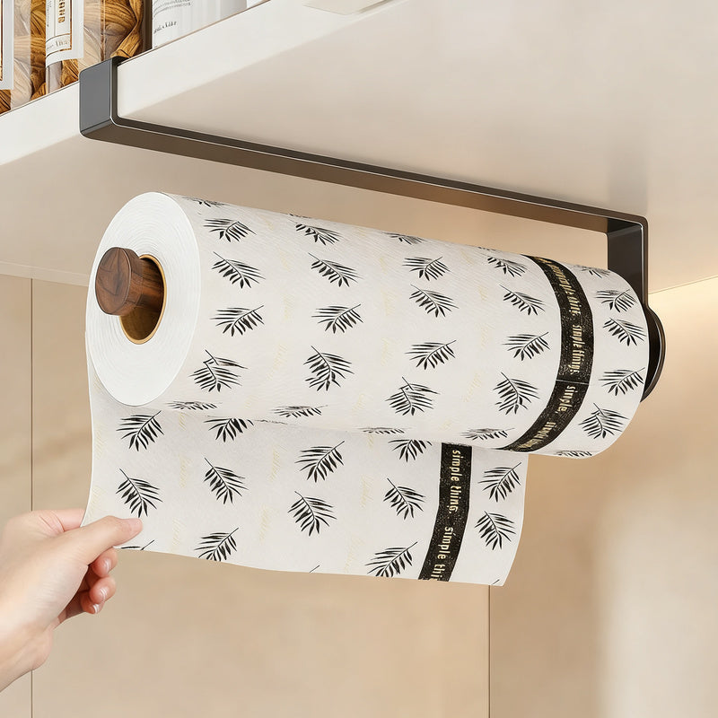 Kitchen roll holder with aluminum and walnut wood — product view 1