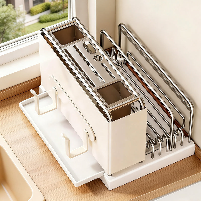 Multifunctional kitchen shelf with knife holder and draining tray — product view 2