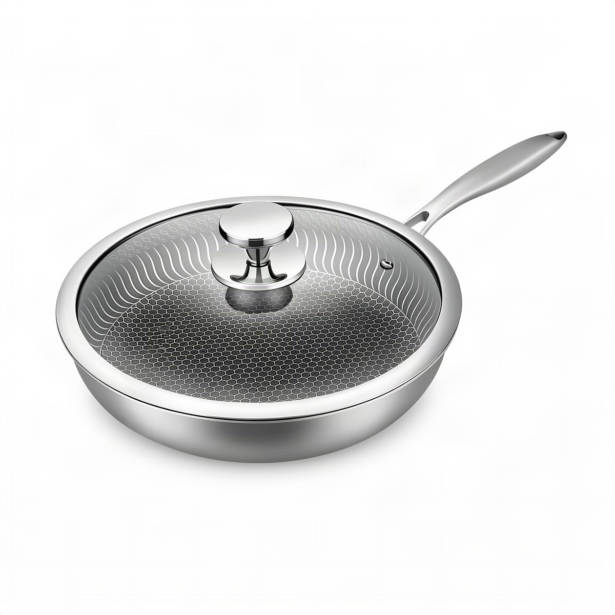 Stainless steel frying pan with glass lid — product view 7