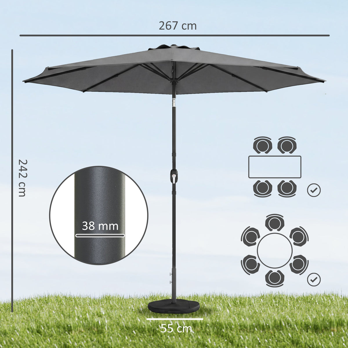 2.7 m Garden Parasol with Cross Base, Sandbag and Tilt, Light Grey — product view 5