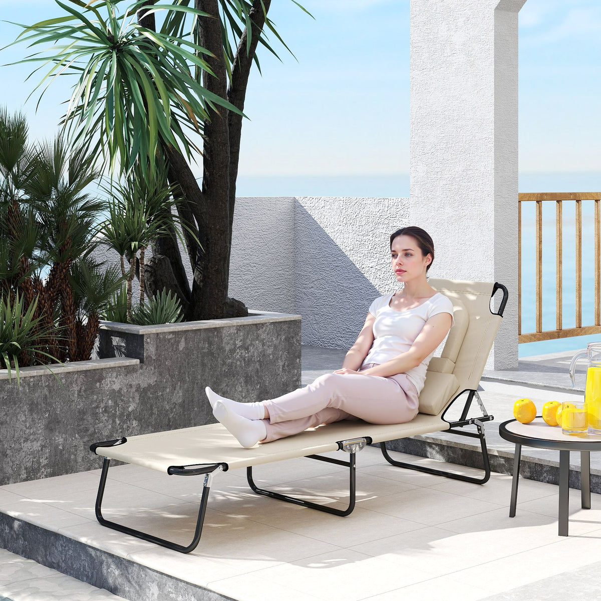 Folding Outdoor Lounge Chair with Face Hole and Pillow, Beige — product view 4