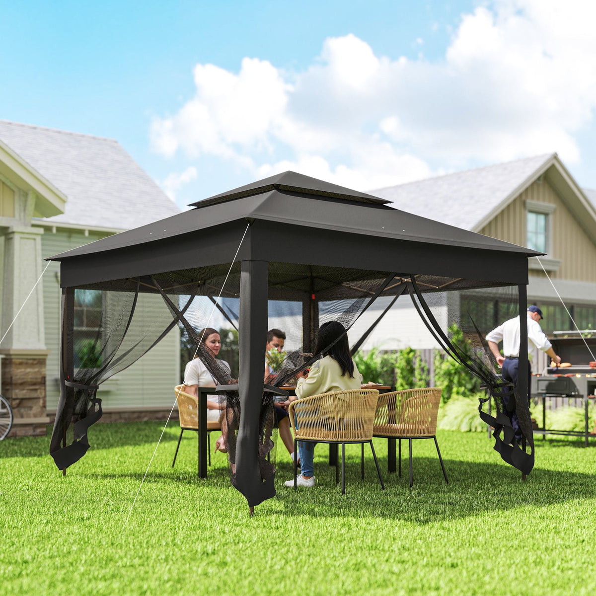 3 x 3 m Pop Up Gazebo with Double Roof, Netting & Carry Bag, Black — product view 3