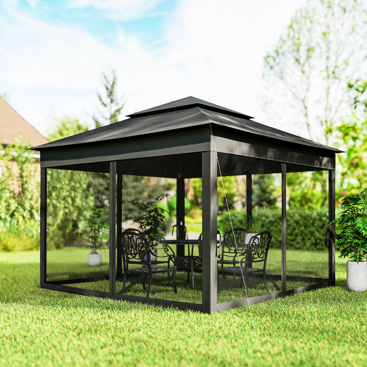 3 x 3 m Pop Up Gazebo with Double Roof, Netting & Carry Bag, Black — product view 4