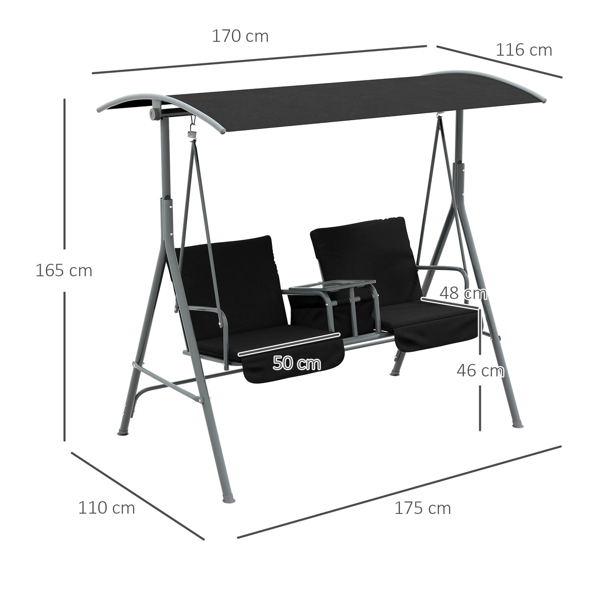 2 Seater Garden Swing Chair with Tilting Canopy, Tray & Storage Bag, Black — product view 5