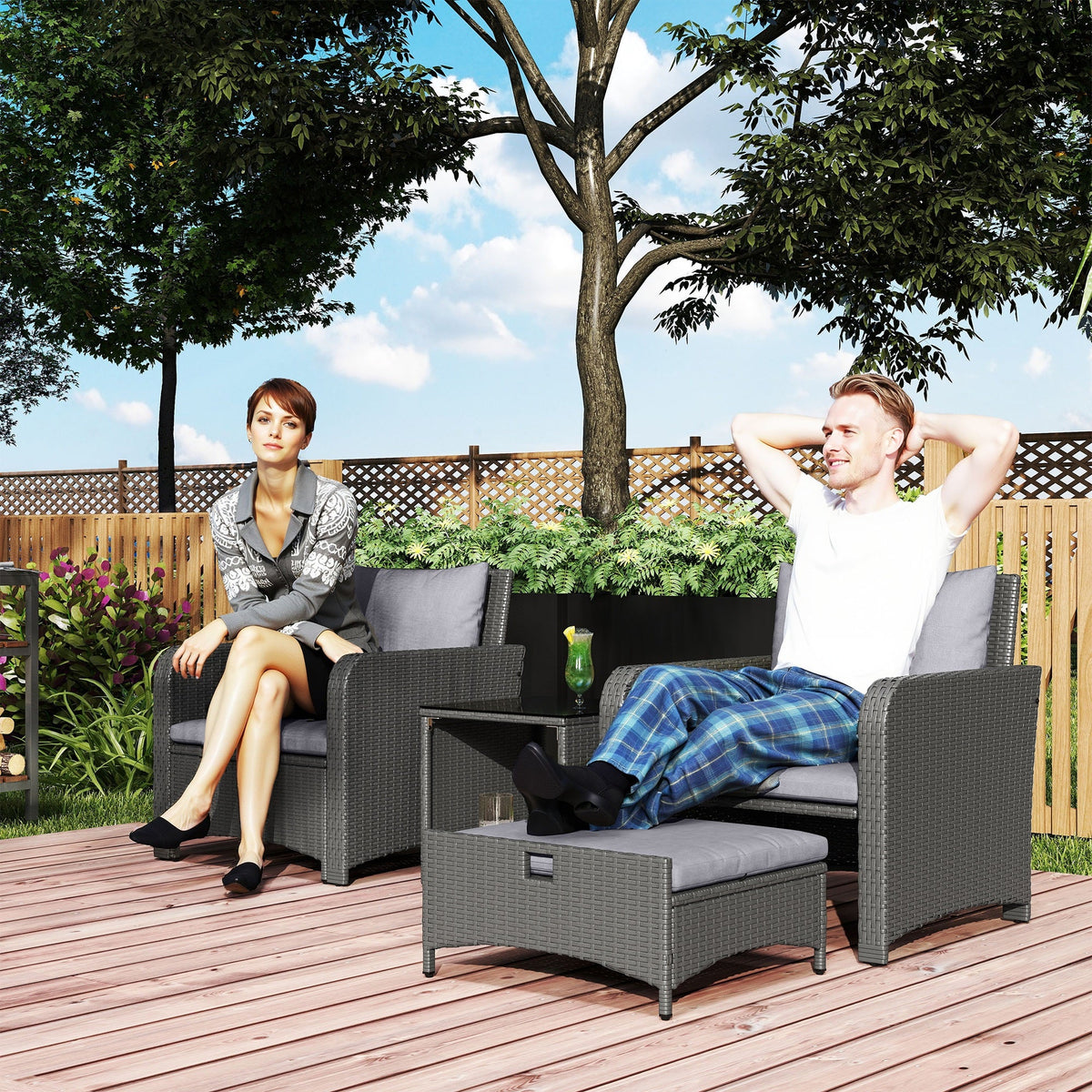 5 Piece Rattan Patio Set with 2 Chairs, 2 Ottomans & 2-Tier Table, Grey — product view 3