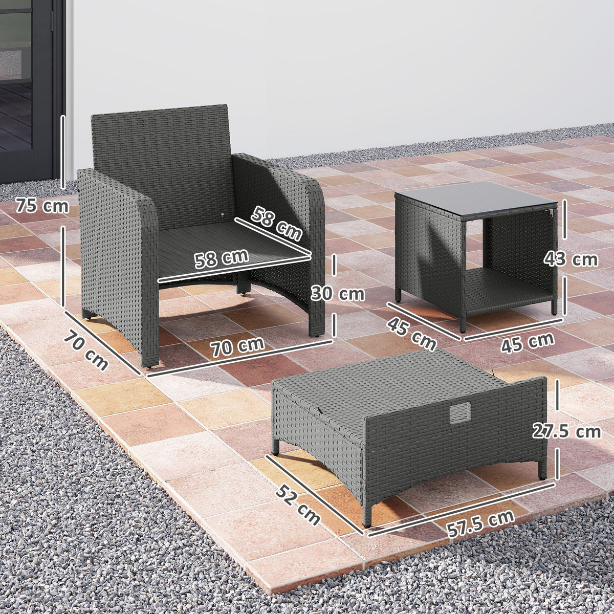 5 Piece Rattan Patio Set with 2 Chairs, 2 Ottomans & 2-Tier Table, Grey — product view 5