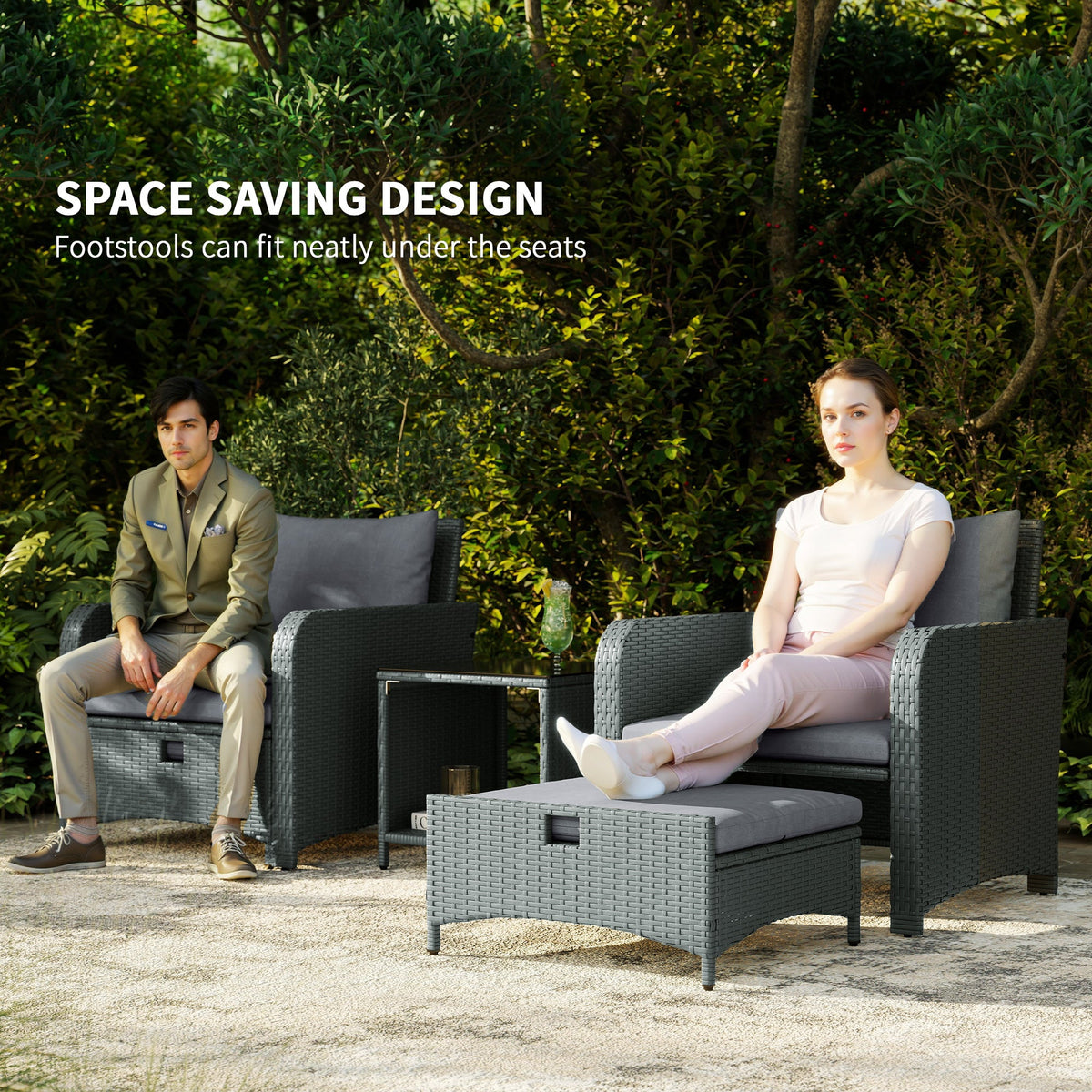 5 Piece Rattan Patio Set with 2 Chairs, 2 Ottomans & 2-Tier Table, Grey — product view 6