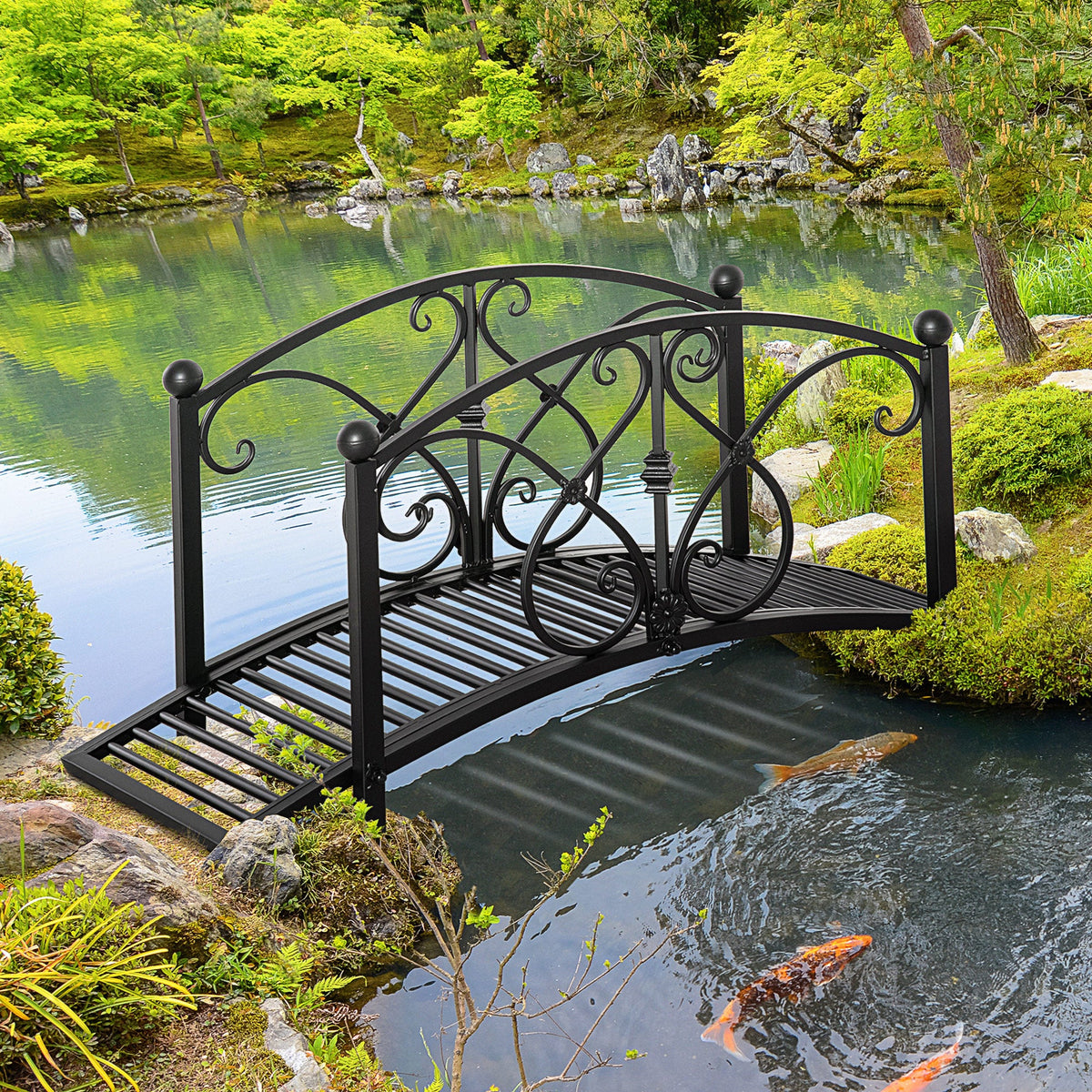 3.3FT Metal Zen Garden Bridge with Safety Siderails, Black — product view 3