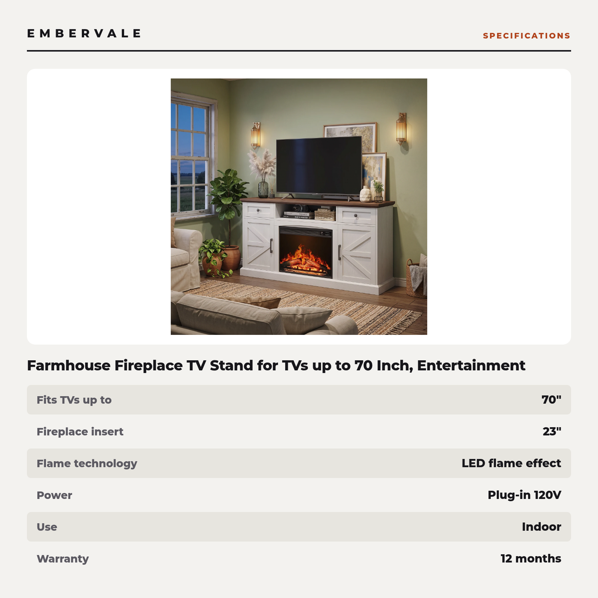 Farmhouse Fireplace TV Stand for TVs up to 70 Inch, Entertainment Center with 23 Inch Electric Fireplace, Drawers & Storage, Antique White — product view 5
