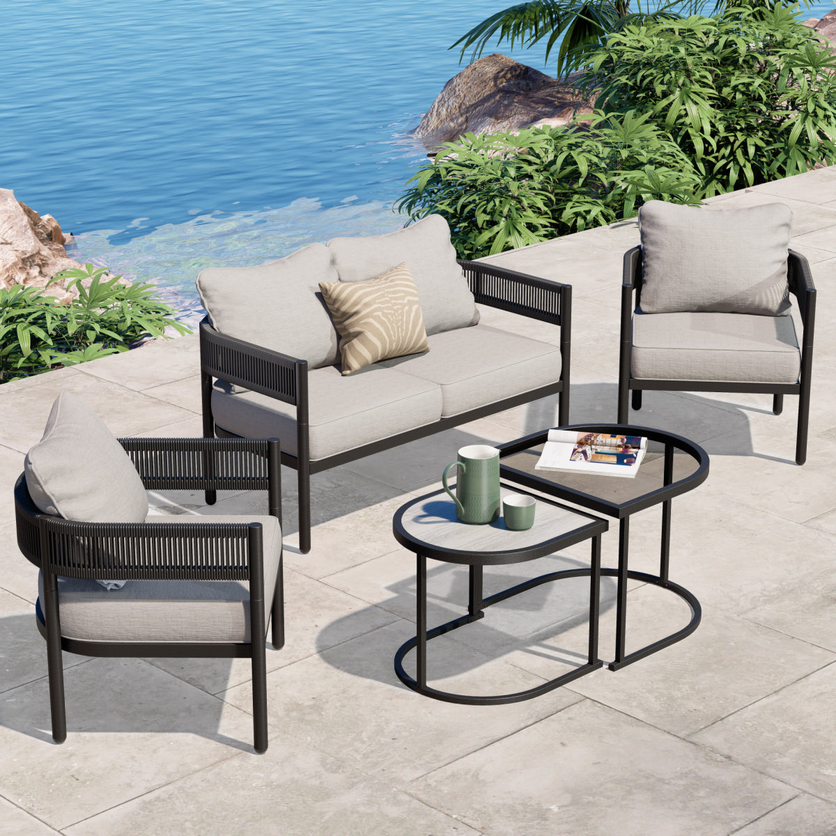 LOUNGE YARD 4-Seat Conversation Set, with Olefin Cushions and Nested Table, Patio Furniture for Backyard, Beige — product view 3