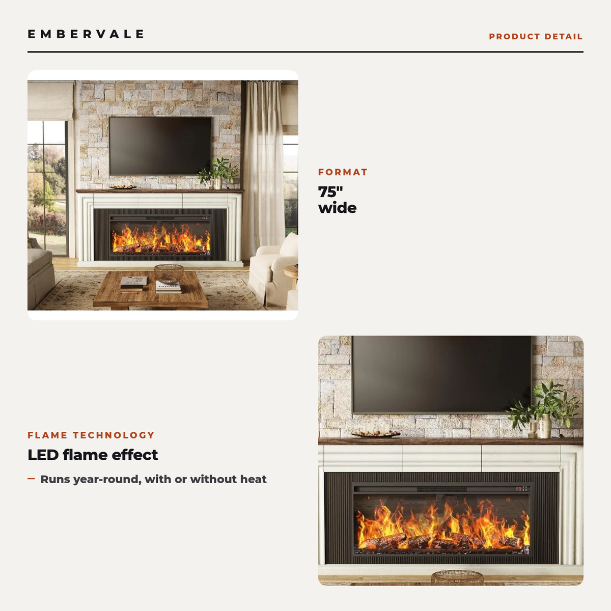 75 Inch Electric Fireplace TV Stand, Farmhouse Media Console Entertainment Center for Living Rooms — product view 2