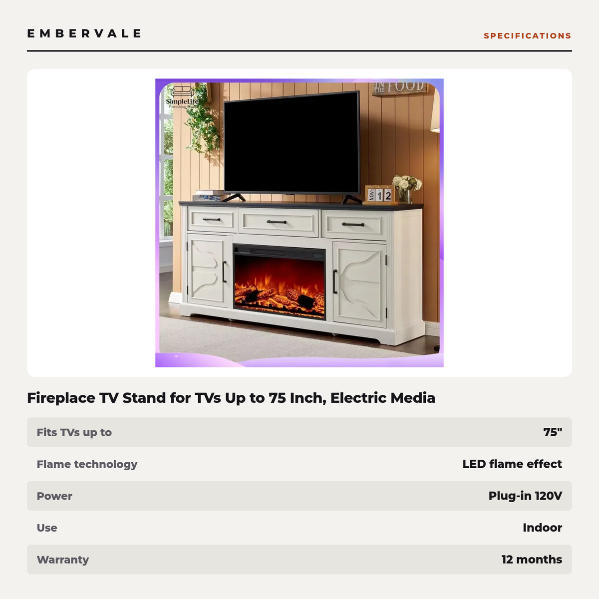Fireplace TV Stand for TVs Up to 75 Inch, Electric Media Entertainment Center with Storage Cabinet & Console — product view 4