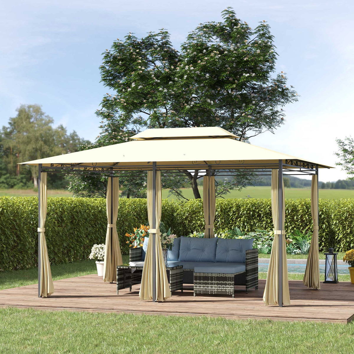 4 x 3m Garden Gazebo with Double Roof & Curtains, Beige — product view 3