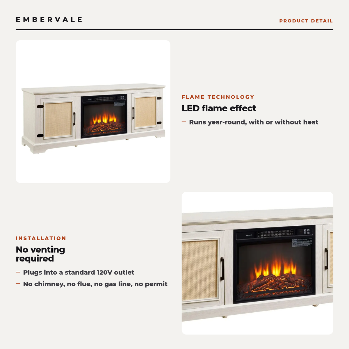Electric Fireplace TV Stand with Rattan Cabinet Doors, Modern Media Console Entertainment Center for Living Rooms — product view 2