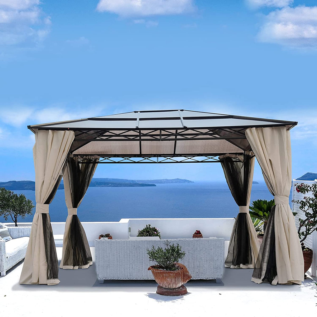 LOUNGE YARD 10x12 FT Hardtop Gazebo with Netting and Curtains - Metal Aluminum Frame — product view 2