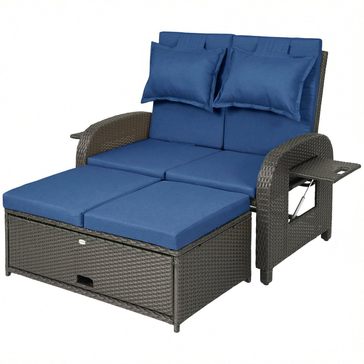 Rattan Patio Daybed with Storage Ottoman and Adjustable Backrest, Navy Blue — product view 2