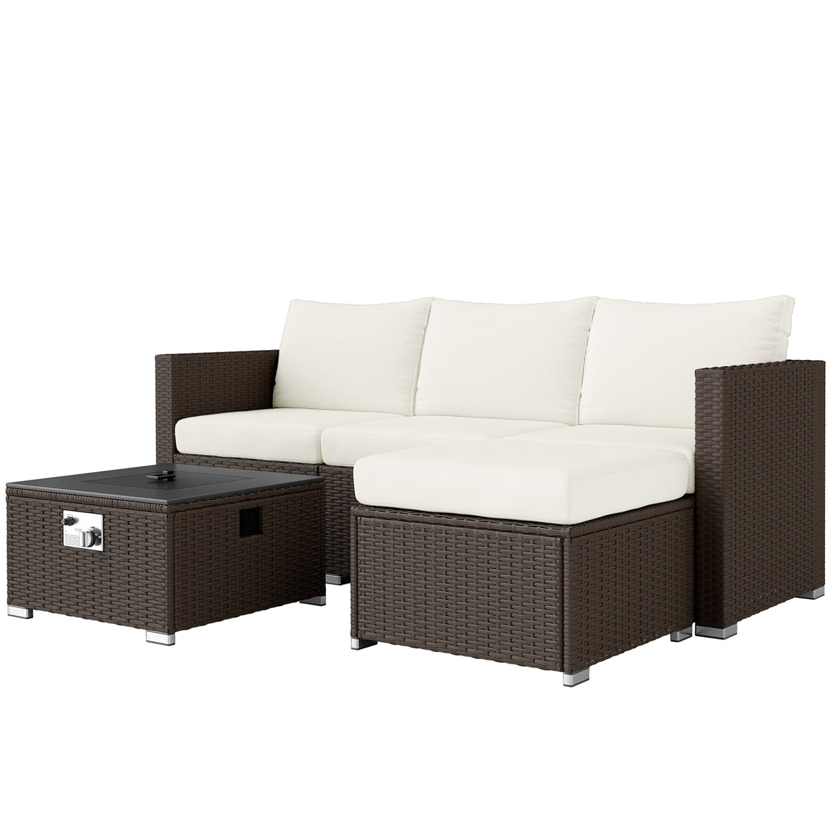 5 Piece Rattan Garden Furniture Set with Gas Fire Pit Table & Footstool, Brown/Cream — product view 2
