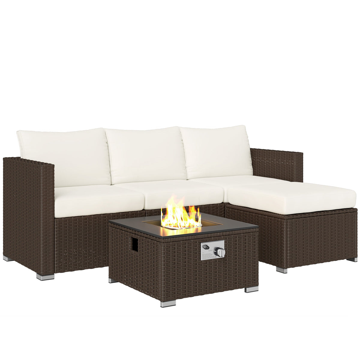 5 Piece Rattan Garden Furniture Set with Gas Fire Pit Table & Footstool, Brown/Cream — product view 1