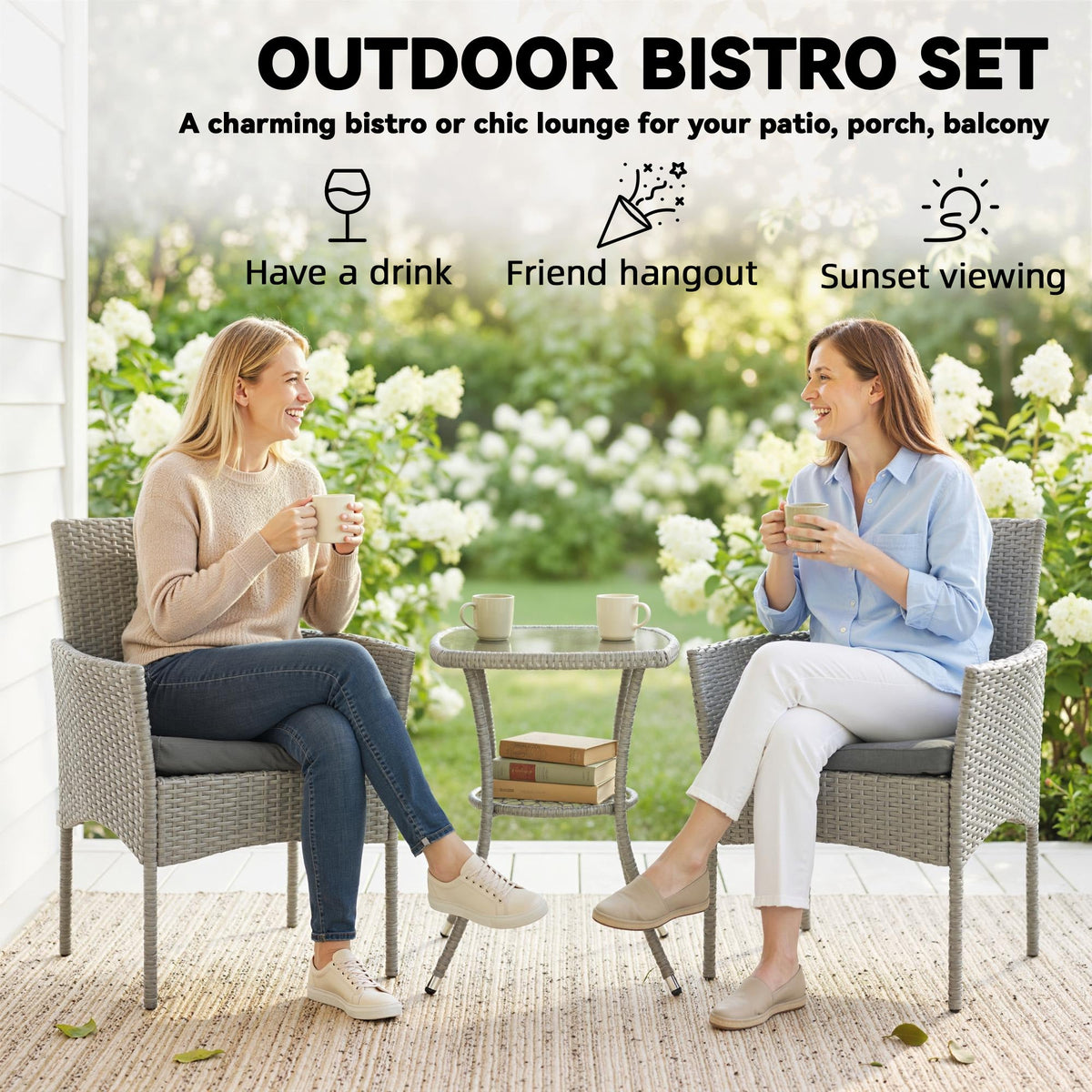 3-Piece PE Rattan Bistro Set with Glass-Top Table & Cushions, Dark Grey — product view 6