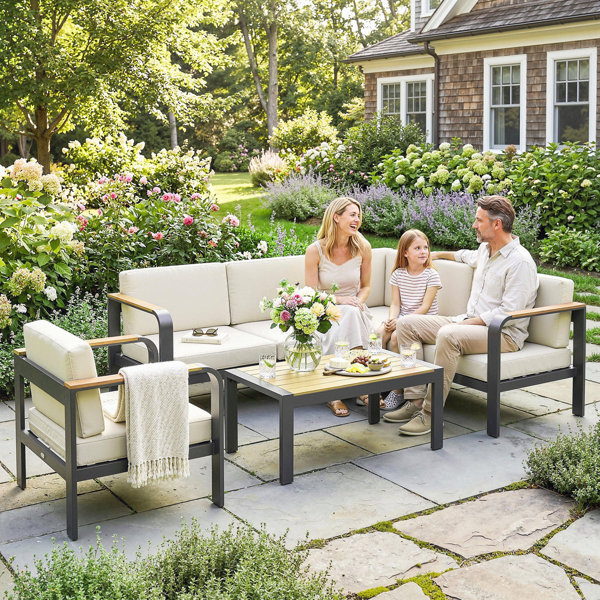 3-Piece Garden Corner Sofa Set with Aluminum Frame and Olefin Cushions, Beige — product view 3