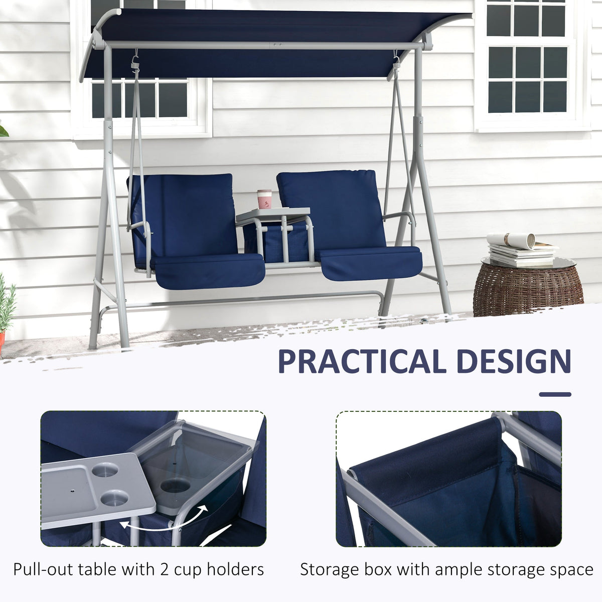 2-Person Porch Swing with Stand and Pivot Table, Dark Blue — product view 7