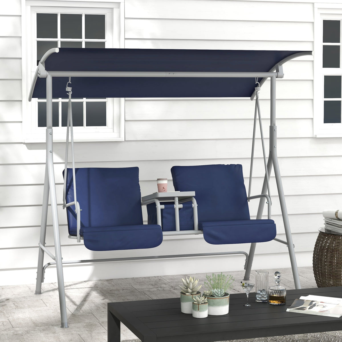 2-Person Porch Swing with Stand and Pivot Table, Dark Blue — product view 4