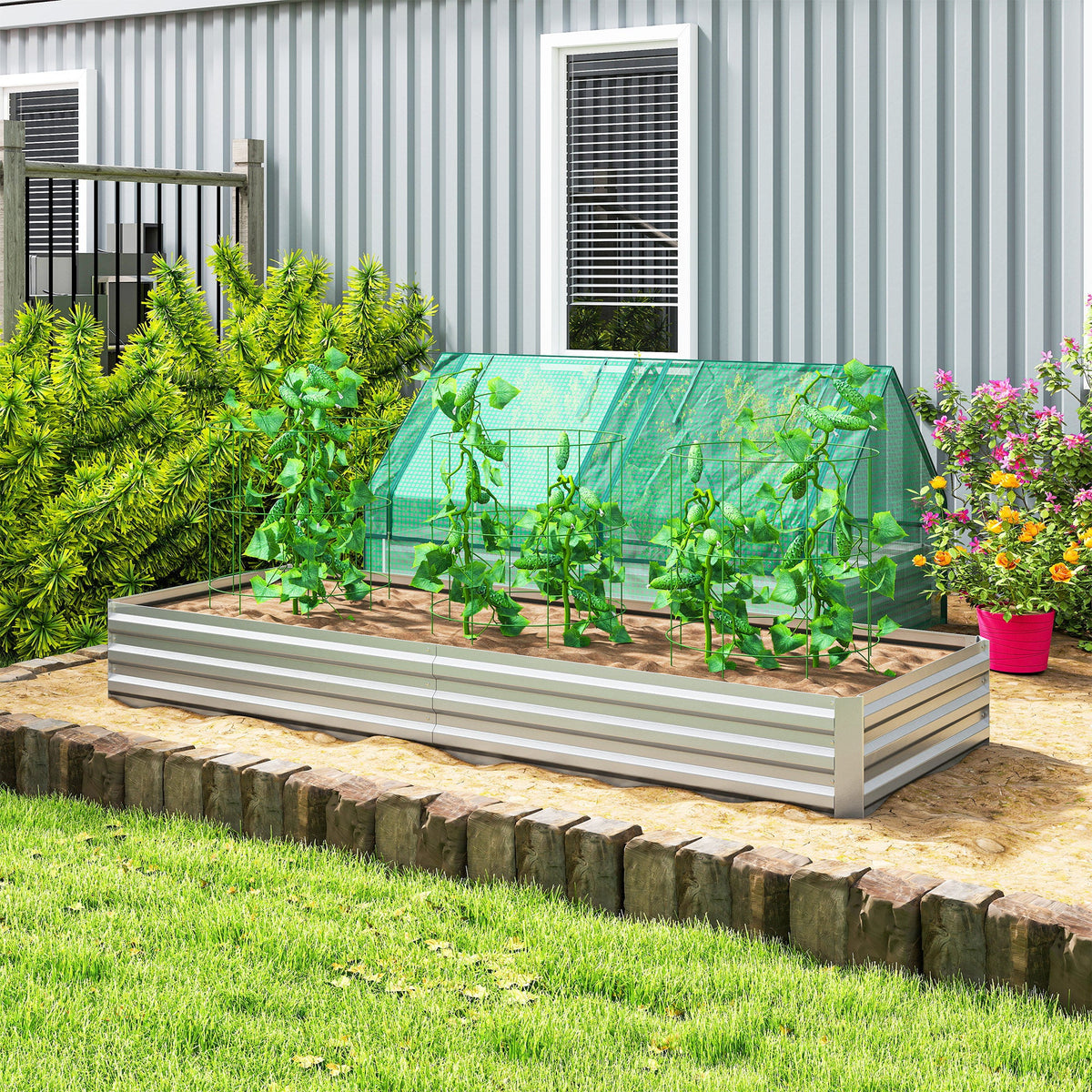 8' x 3' x 1' Galvanized Raised Garden Bed for Growing Flowers, Succulents, Silver — product view 3