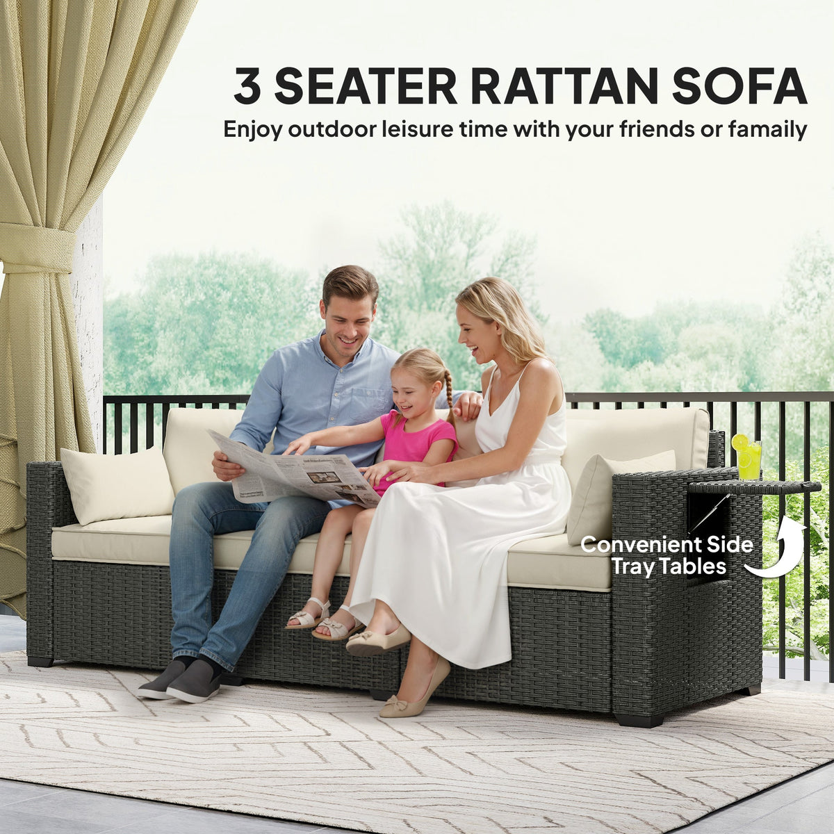 3-Seater Wicker Outdoor Sofa with Side Trays & Thick Cushions, Cream White — product view 6