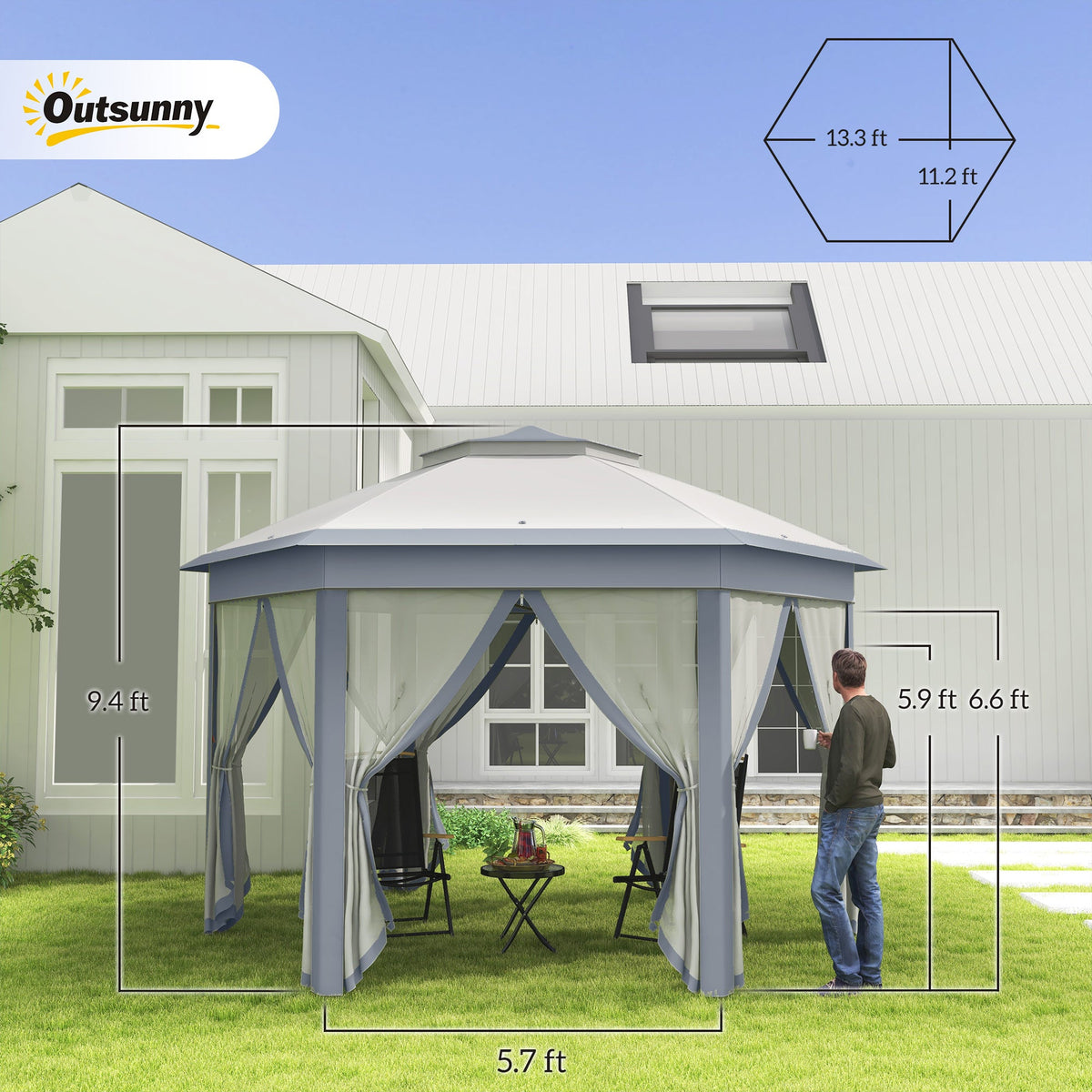 13' x 13' Hexagonal Pop Up Gazebo with Mesh Netting, Gray — product view 5