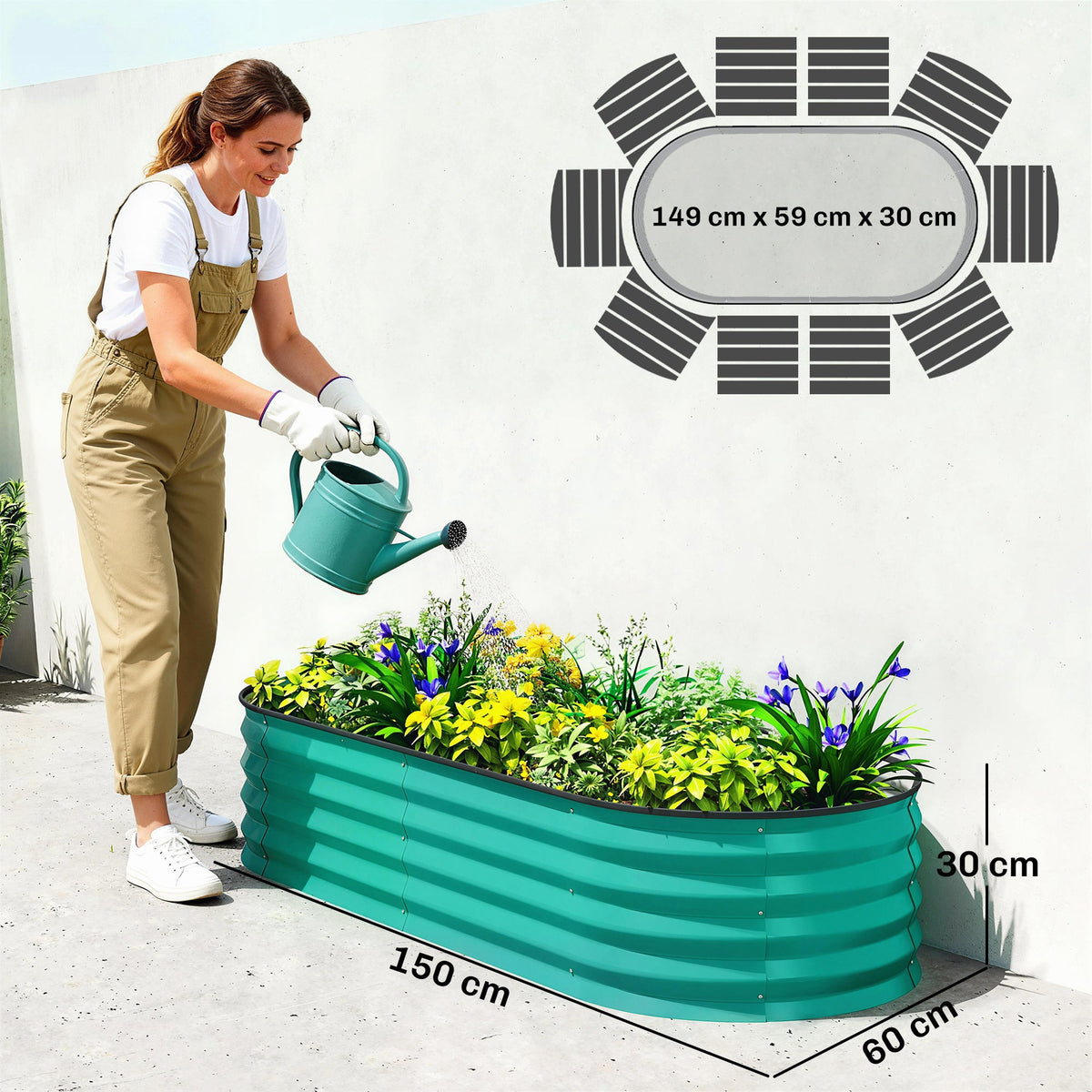 Set of 2 Galvanised Raised Beds with Stakes, 150 x 60 x 30 cm, Green — product view 5