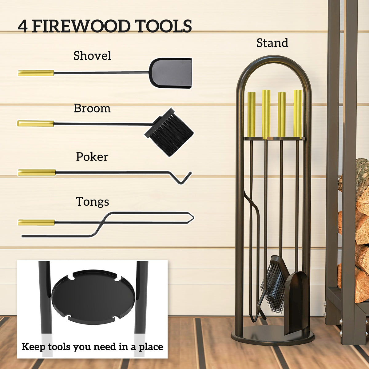 5-Piece Metal Fireplace Tool Set with Brush, Shovel, Poker, Tongs & Stand, Gold Finish — product view 6