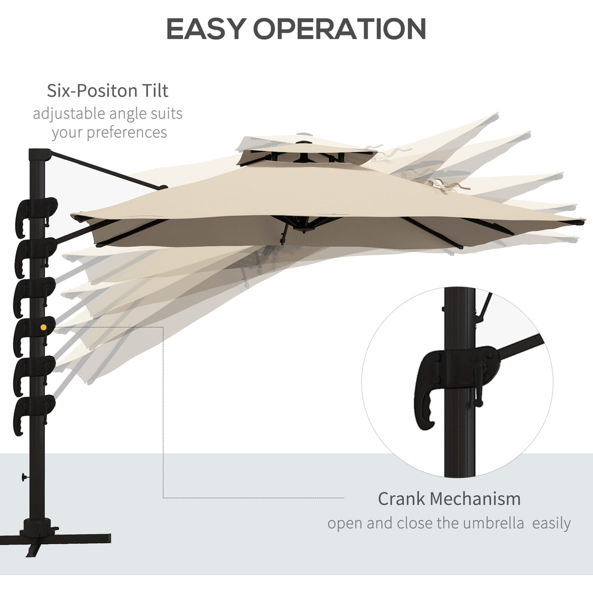 10ft Square Cantilever Patio Umbrella with 360° Rotation and Double Canopy, Khaki — product view 6