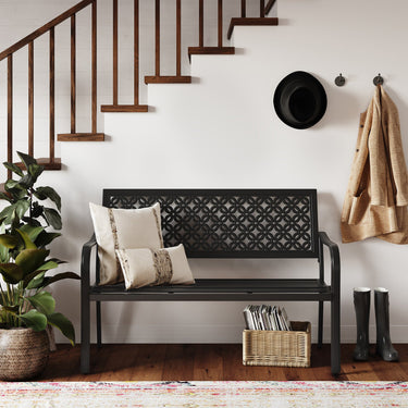 Lounge Yard Durable Garden Benches with Anti-Rust Steel Frames and Stylish Floral Lattice Designs