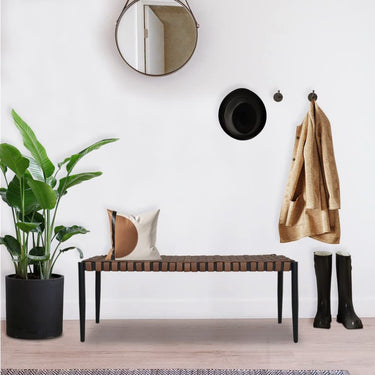 LOUNGE YARD Outdoor/Indoor 2-Seat Bench,Steel Frame Leather-Look Resin Wicker Bench for Small Front Porch Entryway Bench